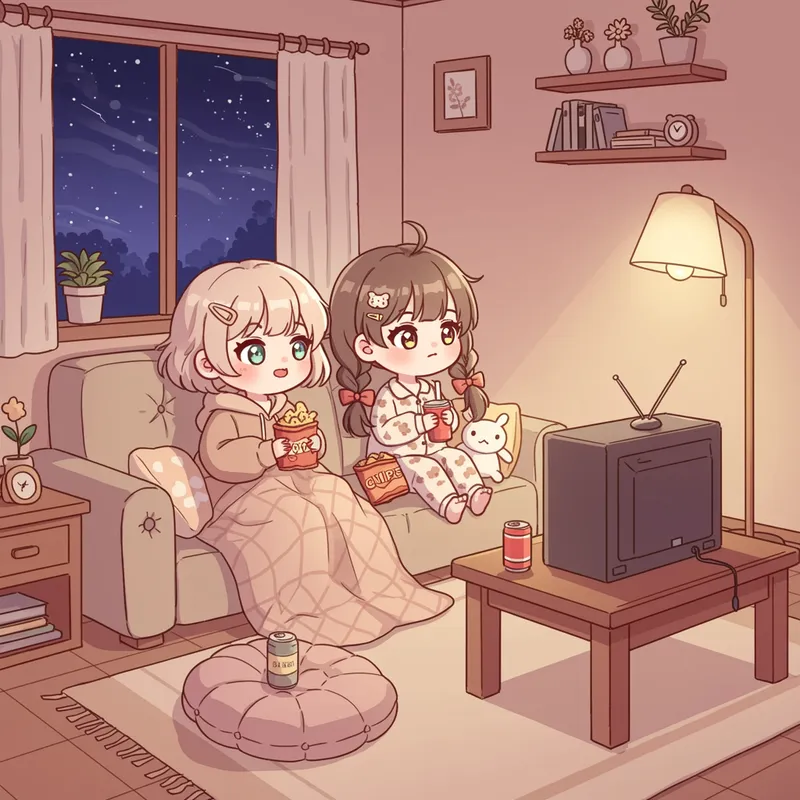 Kawaii Chibi Girls on a Comfy Couch Illustration