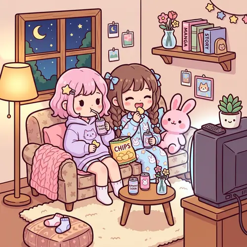 Kawaii Chibi Girls on a Comfy Couch Illustration