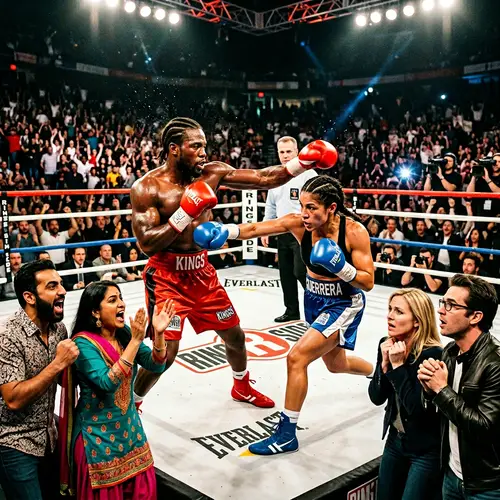 Intense Boxing Match: Black Man vs Hispanic Woman in Ring