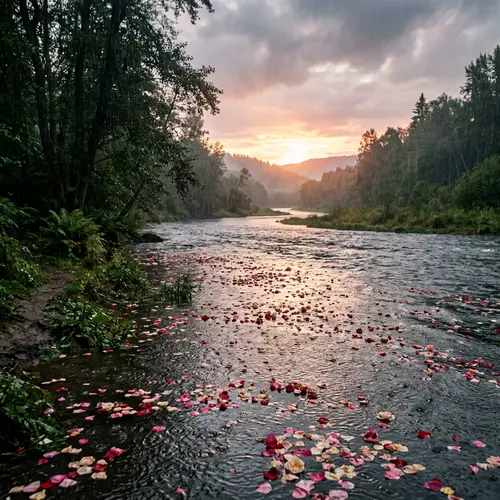River at Sunrise: Rain and Rose Petals