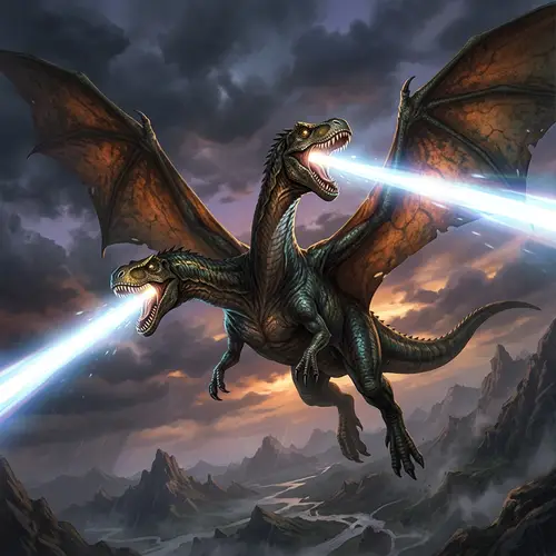 Two-Headed Dinosaur with Wings Emitting Light Beams