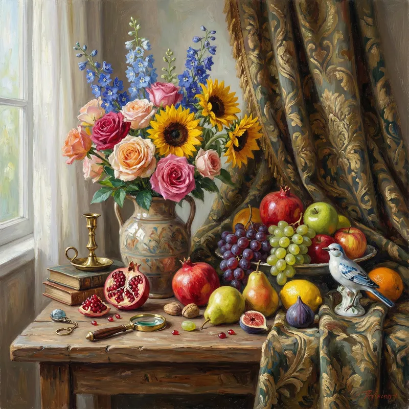 Still Life Painting with Fruit and Flowers