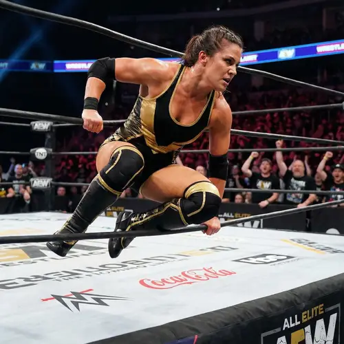 Intense Female Wrestler Ready for Action