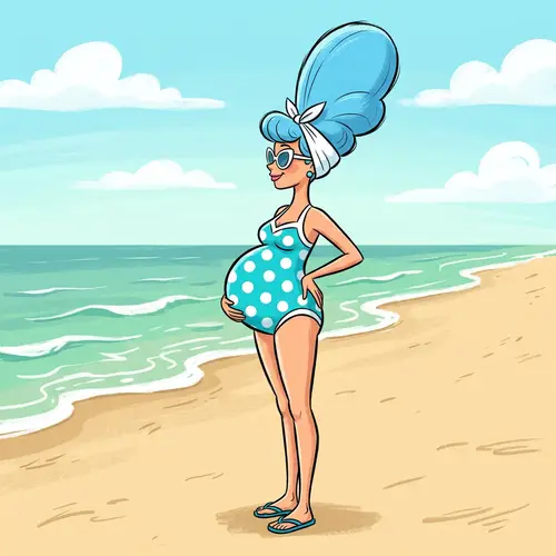 Colorful Cartoon Illustration of Pregnant Woman on Beach