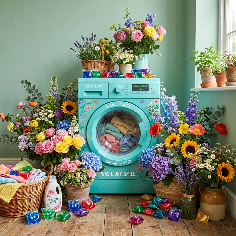 Cheerful Washing Machine with Colorful Flowers and Laundry Capsules