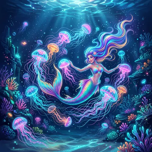 Surreal Underwater Scene with Mermaid and Jellyfish