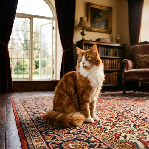 Elegant Feline on Victorian-era Rug: Russet & White Beauty