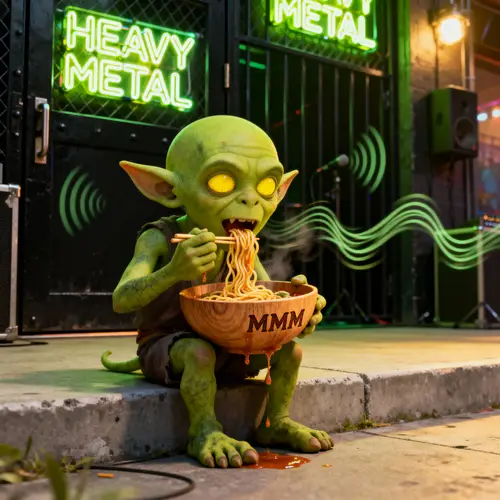 Bald Green Goblin Enjoys Noodles Outside Metal Concert