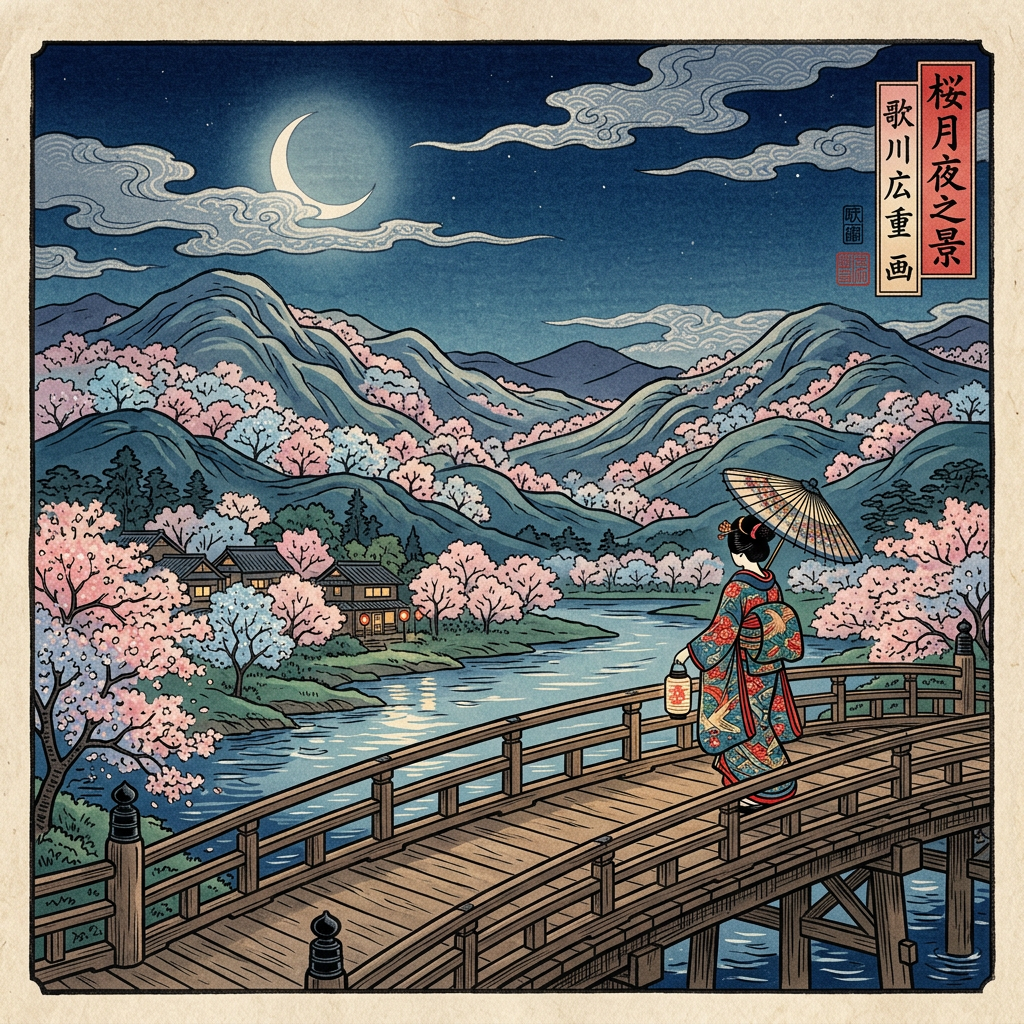 Japanese Ukiyo-e: Moonlit Landscape with Cherry Blossom Trees | AI