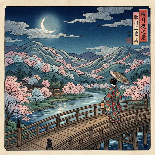 Japanese Ukiyo-e Art: Moonlit Landscape with Cherry Blossom Trees