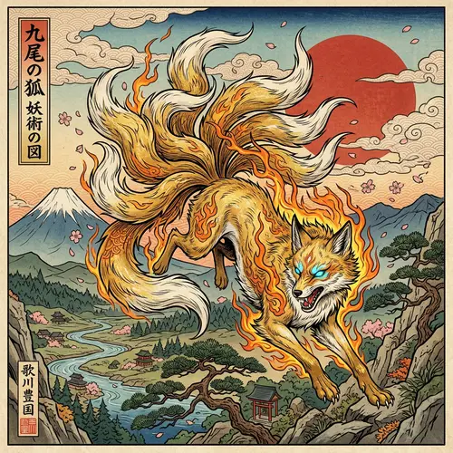 Nine-Tailed Fox Demon Ukiyo-e Artwork