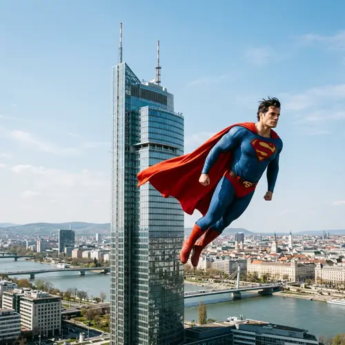 Superman Flying Near Handelskai Tower in Vienna