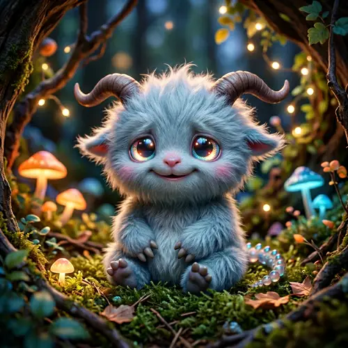 Adorable Small Monster with Bright Sparkling Eyes and Fluffy Hair