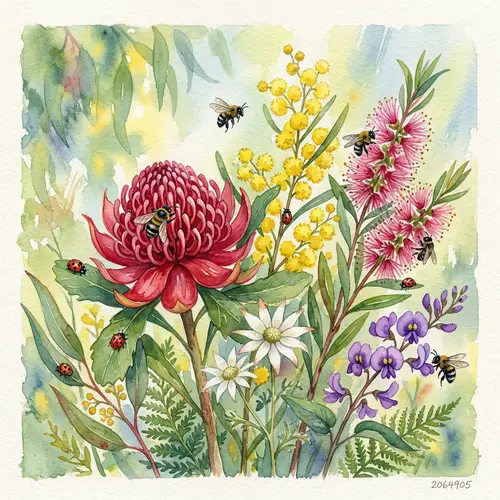 Watercolour Art of Australian Flowers, Bees & Ladybugs