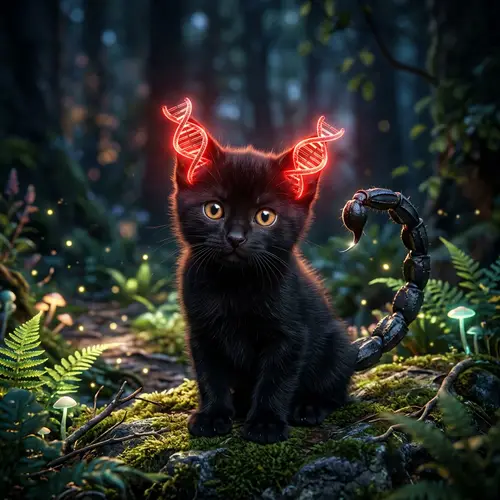 Unique Black Kitten with DNA Ears and Scorpion Tail