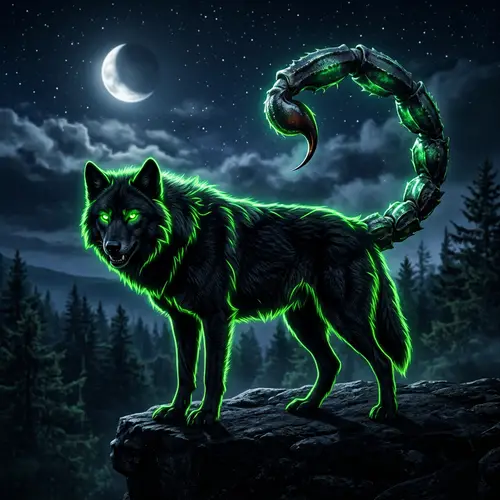 Majestic Black & Neon Green Wolf with Scorpion Tail