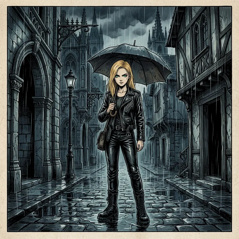 Vintage Gothic Manga: Detailed Rainy Day Scene with Blond Girl