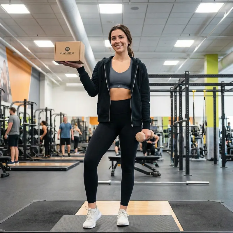 Young Brunette Woman in Sportswear Holding Small Box and Dumbbell on Gym Stage