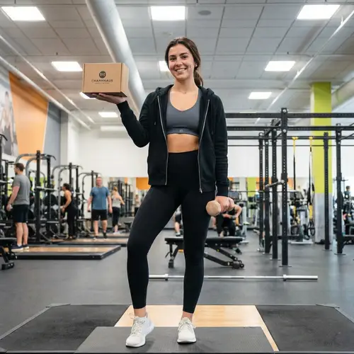 Young Brunette Woman in Sportswear on Gym Stage