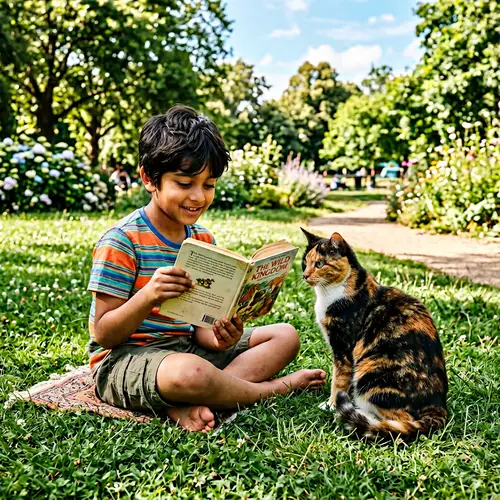 South Asian Boy Reading Outdoors with Calico Cat - Enchanting Scene