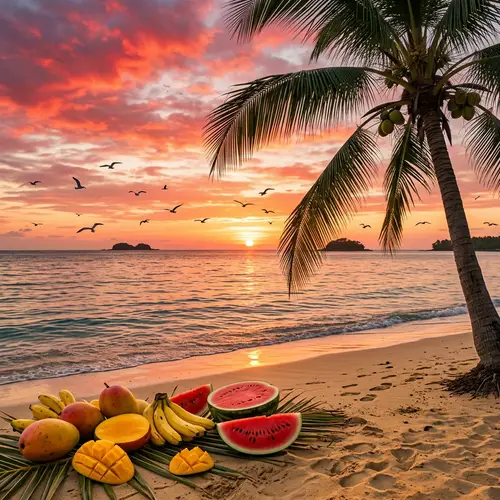 Tropical Beach Sunset with Fruits and Coconut Tree