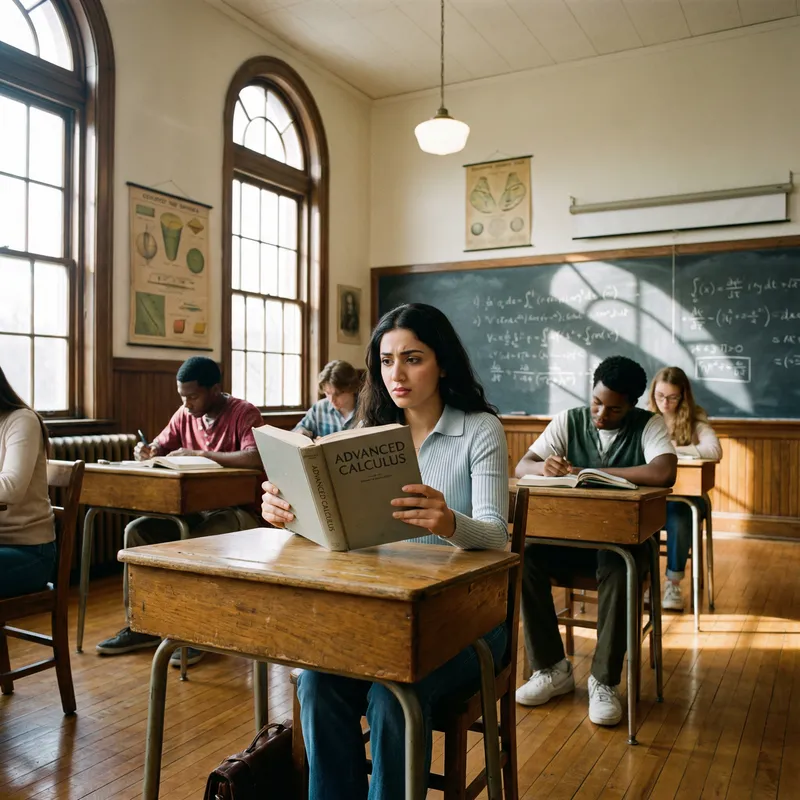 Hesitant Middle-Eastern Female Student in Traditional Classroom Setting