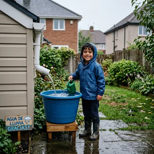 Young Hispanic Boy Saving Rainwater for Sustainable Future