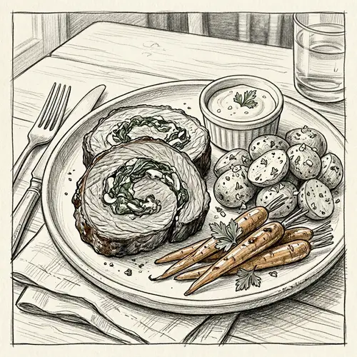 Delicious Matambre with Garlic Potatoes & Glazed Carrots