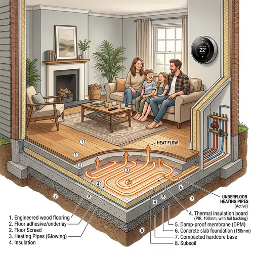 Detailed Cross-Section View of House with Underfloor Heating Technology