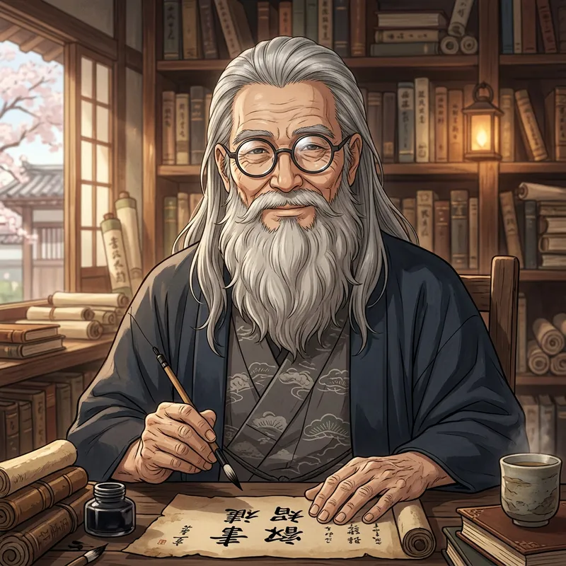 Wise Elderly Man Anime with Grey Hair and Beard Art