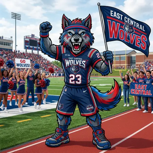 School Mascot Wolf in Blue, Gray, and Red Colors