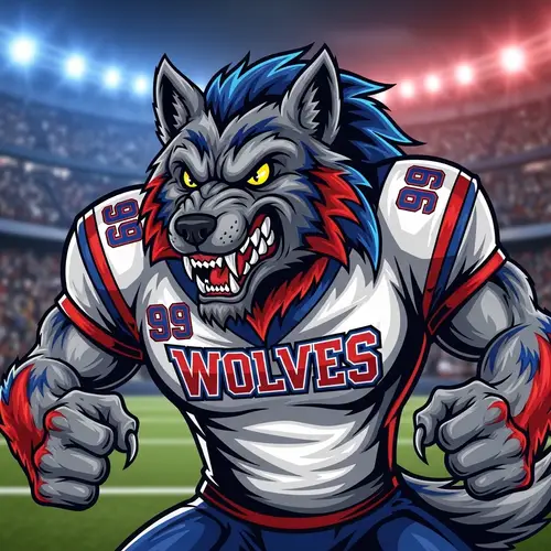 School Mascot Wolf in Blue, Gray, and Red Colors