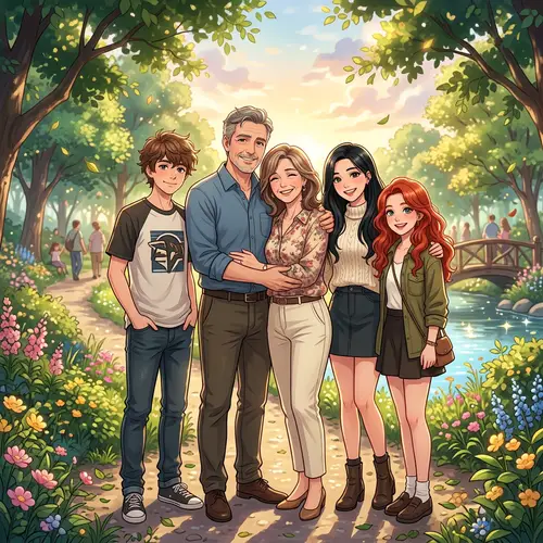 Vibrant Anime Family Illustration in a Sunny Park