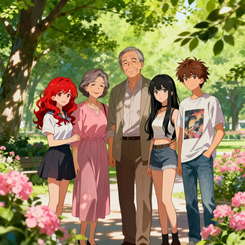 Vibrant Anime Family Illustration in a Sunny Park