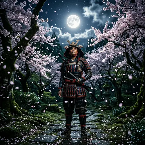 South Asian Female Samurai in Serene Forest Moonlight