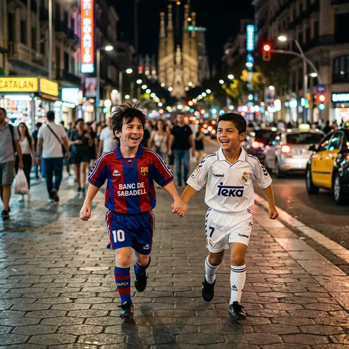 Young Messi and Ronaldo in a Cinematic Cityscape