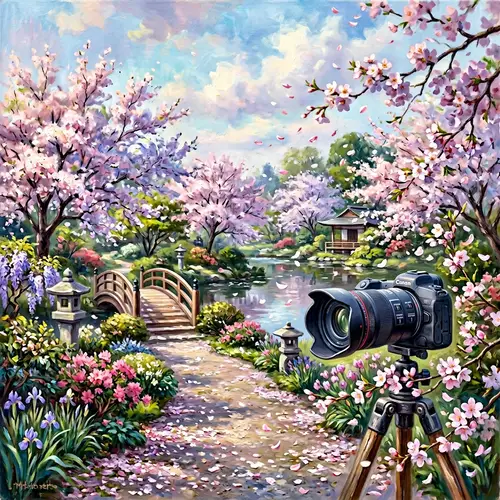Serene Garden and Cherry Blossoms: Impressionist Art Inspired by Monet