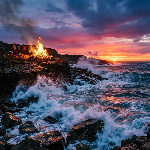 Dramatic Seascape with Sunset and Flames