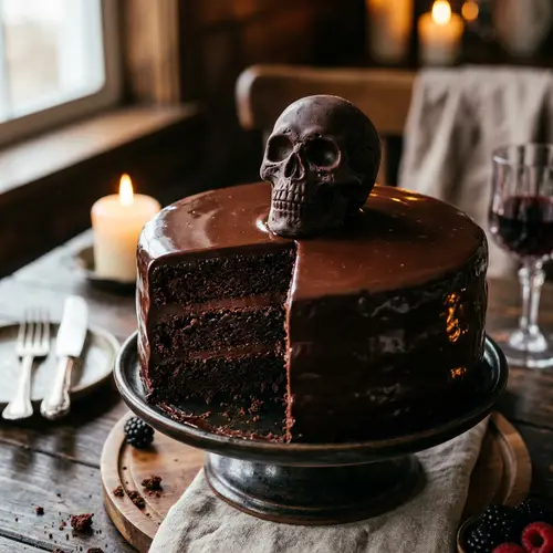 Decadent Multilayered Chocolate Cake with Skull Truffle Decoration