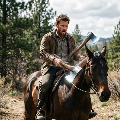 Surreal Transformation: Man on Horse with Shifting Hands to Axes