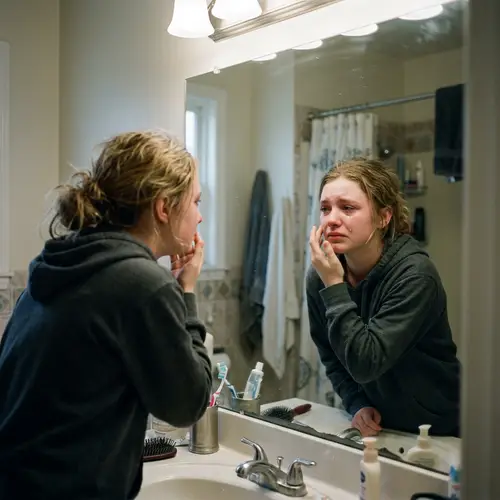 Girl Crying While Looking in the Mirror
