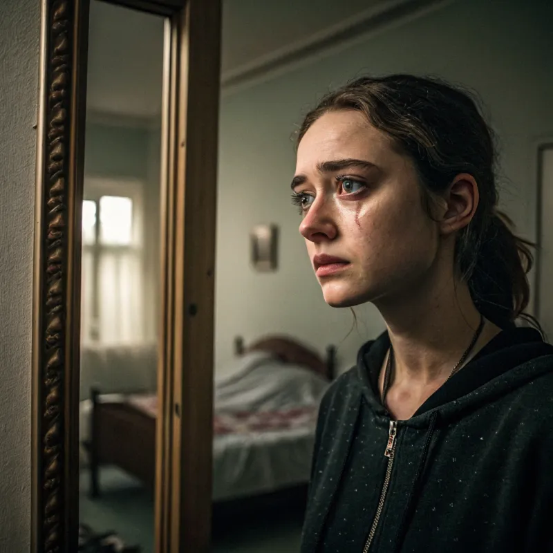 Girl Crying While Looking in the Mirror