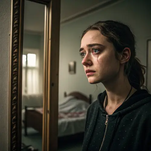Girl Crying While Looking in the Mirror