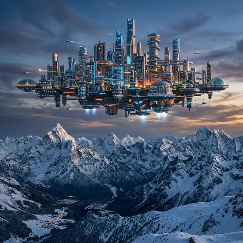 Futuristic City Above Snowy Mountains