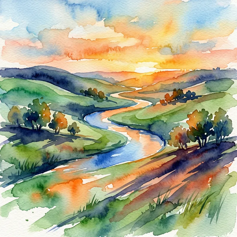Watercolor Abstract Landscape: Rolling Hills & River Painting