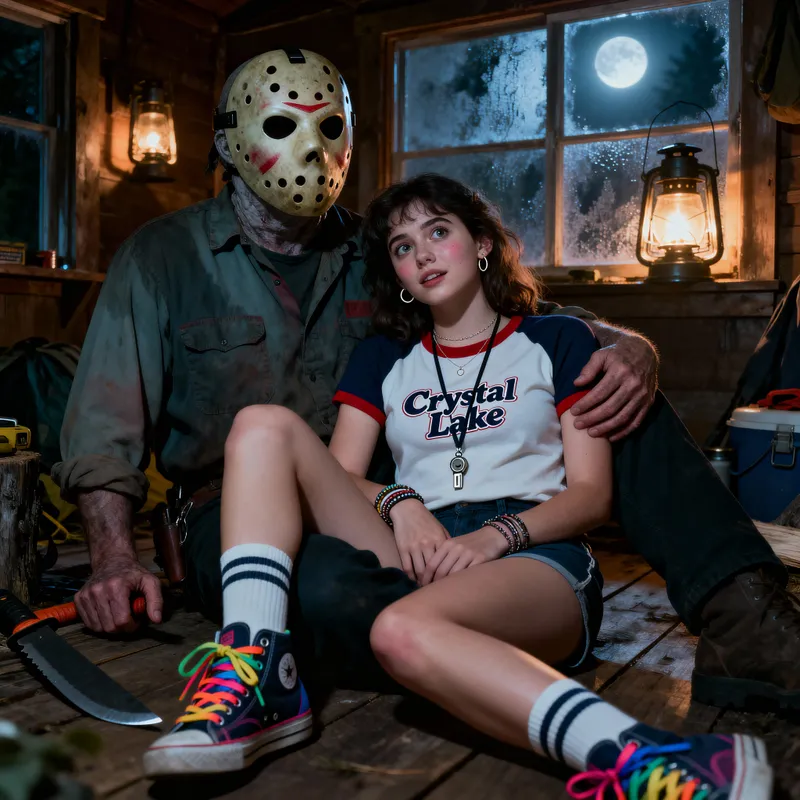 80s Cinematic Camp Scene with Jason Voorhees
