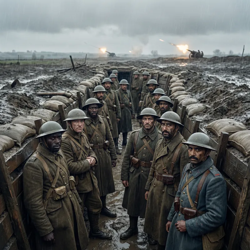 WW1 Soldiers in Rainy Trenches: Stunning Image