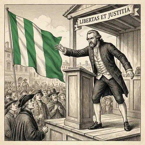 Historical Figure Giving Speech with Green and White Flag Background