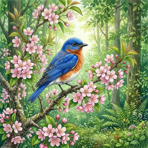 Detailed Illustration of Colorful Bluebird on Blossoming Tree