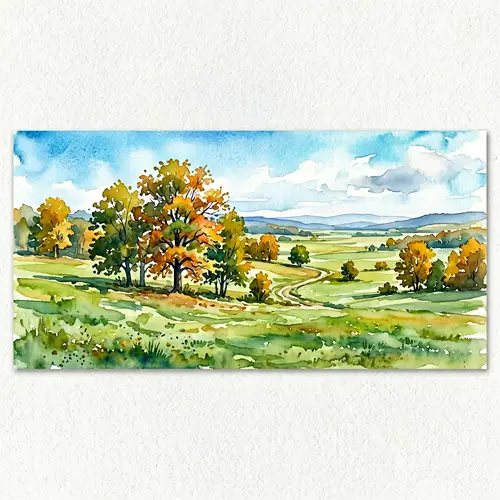 Panorama Watercolor Painting of Plain and Tree